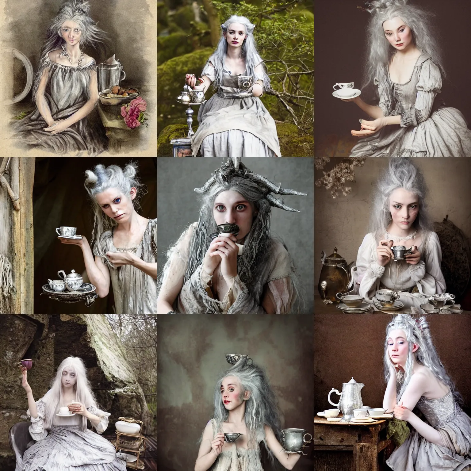 Prompt: A messy, lumniousm silver haired, (((mad))) elven princess from the 18th century, dressed in a ((ragged)), dirty, 18th century silver wedding dress, is ((drinking a cup of tea)), in her right side is a porcelain tea set. She is in her ((underwater, precious, scarry castle)). mystical, atmospheric, greenish blue tones, water, seaweed and bubles, dreamlike, atmospheric, underwater photography, concept art by John Everett Millais, John Everett Millais,Annie Stegg Gerard, Ian David Soar, John Anster Fitzgerald