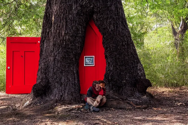 Image similar to grizzly wearing a red shirt sitting outside big tree with a red door by Roger Deakins