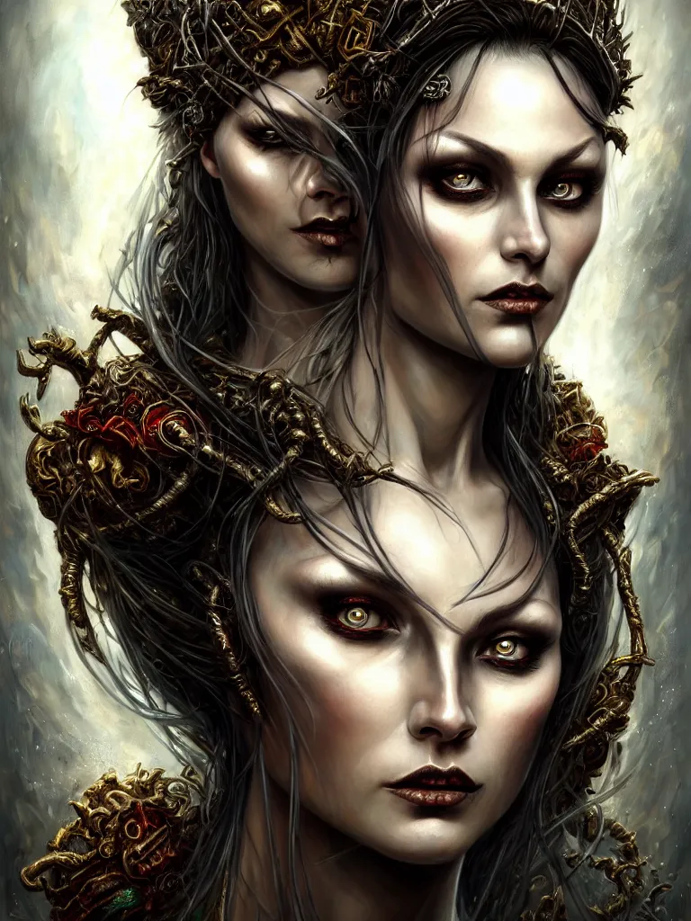 Prompt: single face portrait. very complex hyper-maximalist overdetailed cinematic darkfantasy portrait of an elegant very attractive but dangerous and wild female thief girl by andrei riabovitchev, tomasz alen kopera, oleksandra shchaslyva. Omnious intricate. D&D charachter portrait illustration. Thief queen d&d. Focus on face. Artstation. Deviantart. 8k 4k 64megapixel. Rendered by binx.ly.