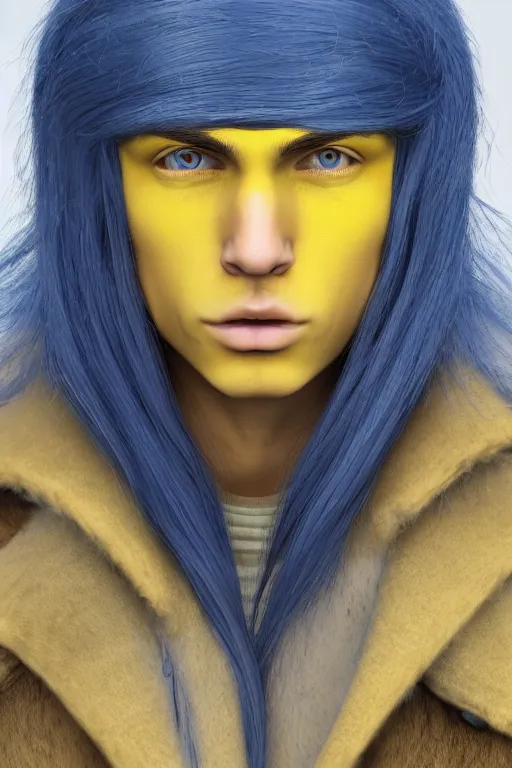 Image similar to a male teenager with long blue hair and yellow eyes wearing a winter overcoat, hyperrealistic, concept art, octane render, unreal engine 5, trending on artstation, high quality, 8 k, highly detailed, digital art, anatomically correct, symmetrical, realistic and defined face, high coherence, path traced, face portrait, yellow eyes, blue hair