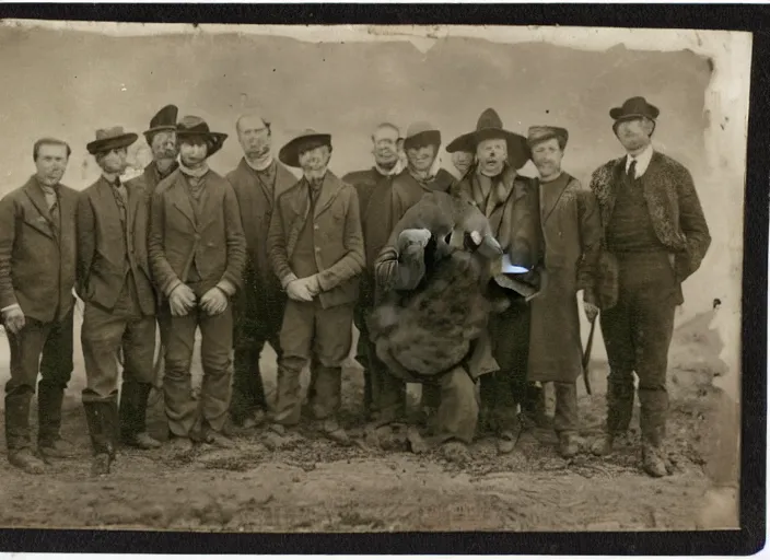 Prompt: tintype photo of a woolly mammoth and a group of men posing with it
