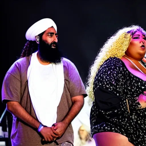 Image similar to osama bin laden and lizzo performing live on stage at coachella