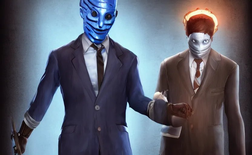 Image similar to cinematic view of a dead by daylight killer lawyer wearing a blue business suit, character portrait, digital art