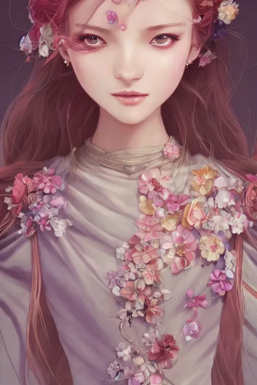 Image similar to romantic and fashion and love princess of the flower with sheath dress, 8 k realistic, teenager girl, baroque, symmetrical, flowing hair, smile, trending pinterest and pixiv, muted colors, hyperrealistic, l close up shot, character concept art, face by kyoung hwan kim, alexandra fomina, ilya kuvshinov