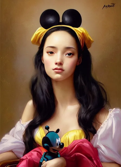 Prompt: beautiful woman with long black hair, tan skin, hourglass figure, round cute face wearing a colorful disney princess gown with mickey mouse ears headband sitting in an armchair. beautiful painting by artgerm and greg rutkowski and bouguereau