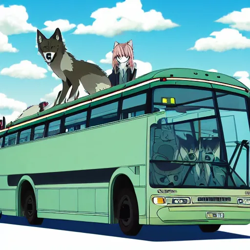 Prompt: A bus looking like a wolf. It is half animal, half machine. 4k Resolution illustration. anime key visual, by studio ghibli.