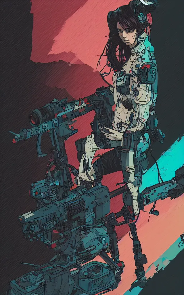 Image similar to very detailed, prophet graphic novel, ilya kuvshinov, mcbess, rutkowski, simon roy, illustration of a cyberpunk military woman, colorful, cinematic composition, studio lighting