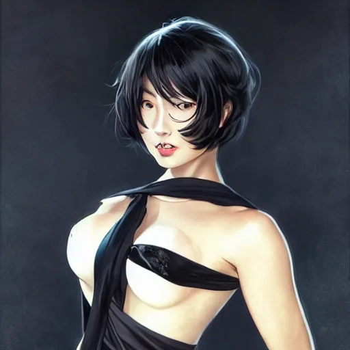 Prompt: cassandra cain in a sexy black dress, beautiful face!!!!, full body, 2 7 years old, cg animation, realistic, character select portrait, by artgerm, greg rutkowski, alphonse mucha, 3 d