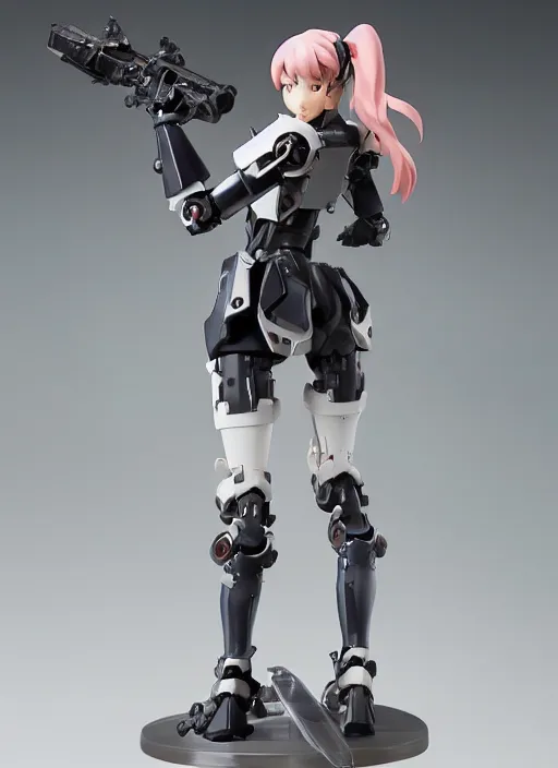 Prompt: Girl in mecha cyber Armor, portrait of the action figure of a girl, with bare legs，in the style of Kotobukiya CO.,LTD.，anime figure