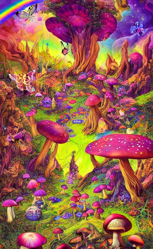 Prompt: psychedelic mushrooms, enchanted cosmic forest, mushrooms on the ground, small fairies, stars in the sky, butterflies, rainbows, psychedelic, wide angle shot, vector art, fantasy poster by helen huang and frank frazetta and salvador dali