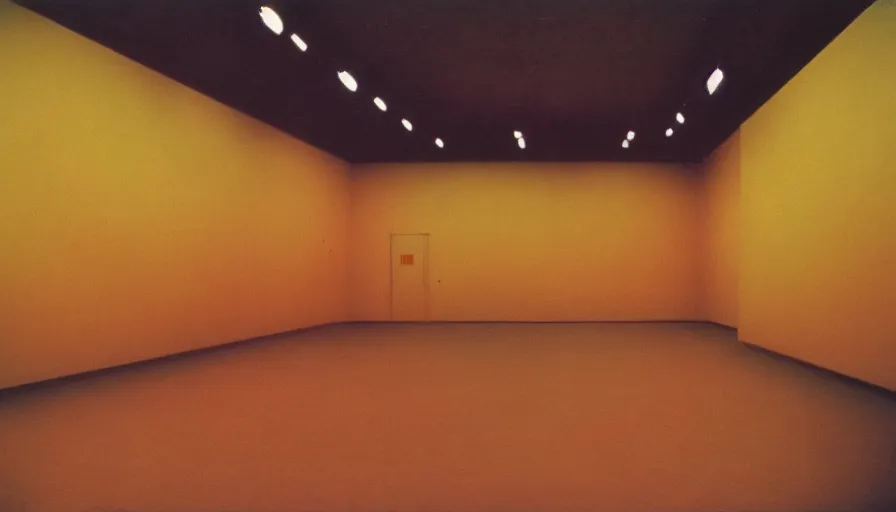 Prompt: 60s movie still of a sovietic stalinist style empty art museum with a soviet congress with yellow wall, LOMOGRAPHY REDSCALE 100, liminal Space style, heavy grain