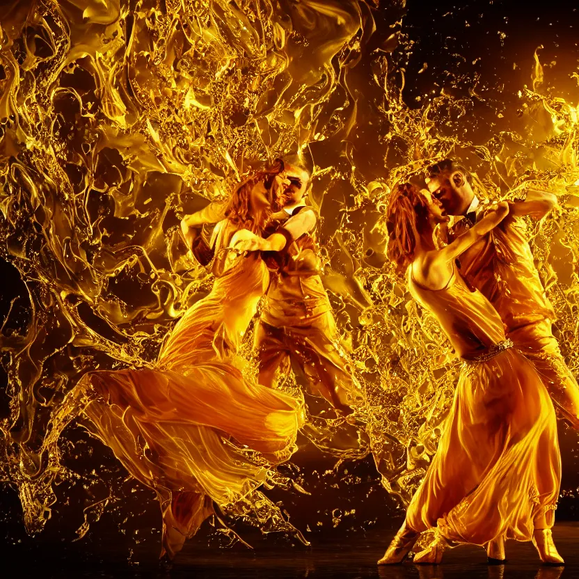 Prompt: tango dancers made of liquid flowing honey and molten gold, high definition 4k texture,