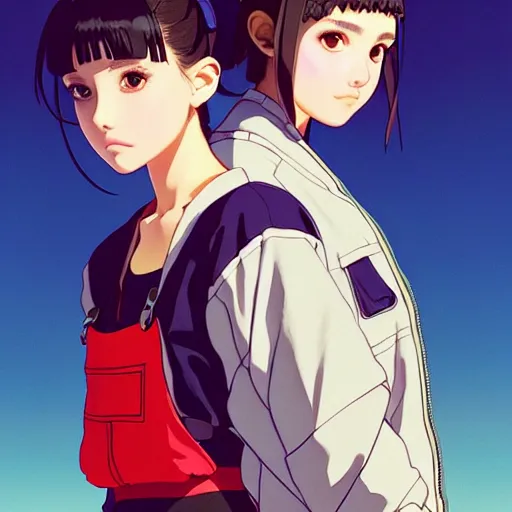 Image similar to a beautiful boyish natalie portman gravure model, wearing oversized mayan bomber jacket and leotard with overalls, bulky poofy bomber jacket with mesoamerican patterns, mesoamerican street fashion, gapmoe yandere grimdark, trending on pixiv fanbox, painted by greg rutkowski makoto shinkai takashi takeuchi studio ghibli, akihiko yoshida