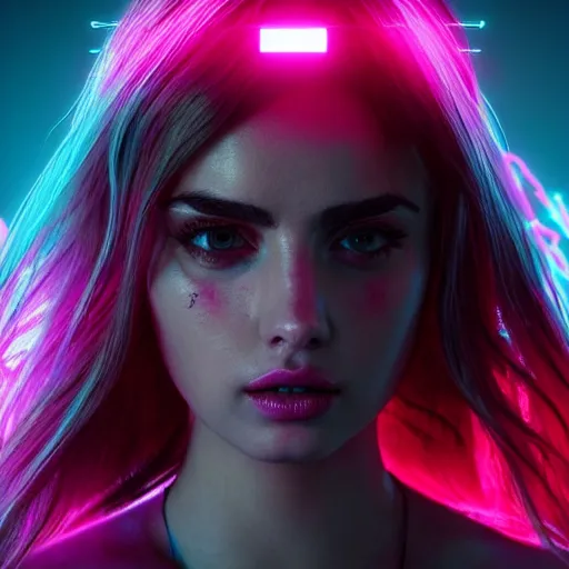 Image similar to ana de armas neon horns, detailed face, sharp focus, synthwave art, aesthetic, octane render, raw, cinematic