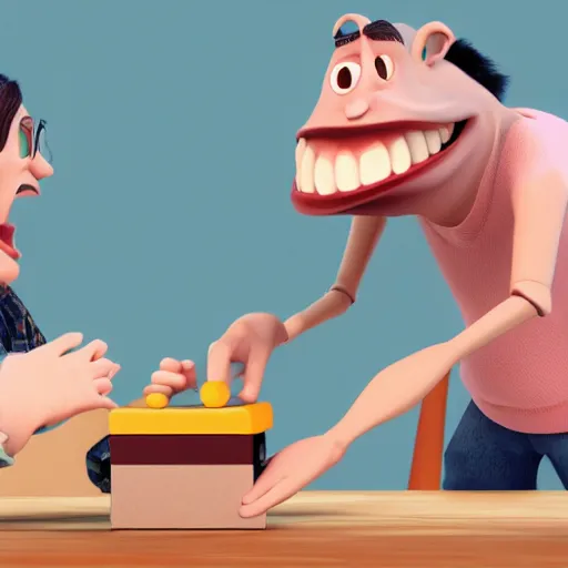 Image similar to illustration of two happy people exchanging items, pixar - style, 3 d render