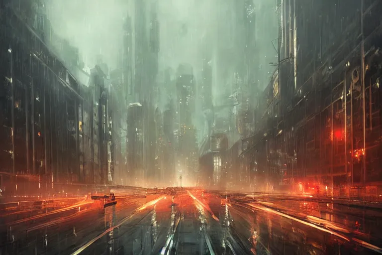 Prompt: a dystopian city at night, heavy rain, by wlop, high quality