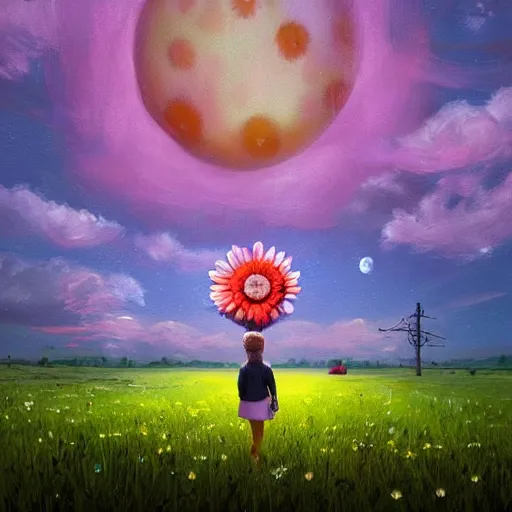 Image similar to giant daisy flower as a head, girl walking in field, surreal photography, moon light, dark night, dramatic, impressionist painting, clouds, digital painting, artstation, simon stalenhag