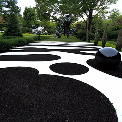 Prompt: : sculpture garden with black spheres carved with white patterns