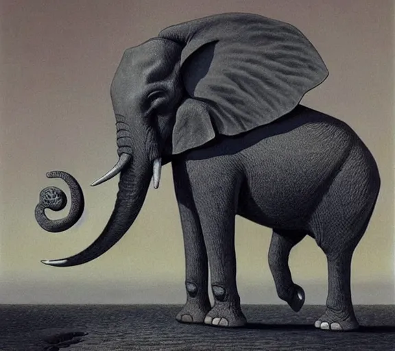 Image similar to ancient psychic tandem war elephant from adventure time by rene magritte, beksinski technique