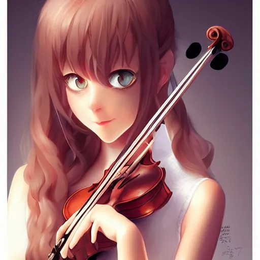 Image similar to Adorable Cat girl, Luminescent eyes, playing the violin, highly detailed, by Range Murata, artgerm, digital illustration, beautiful, concept art