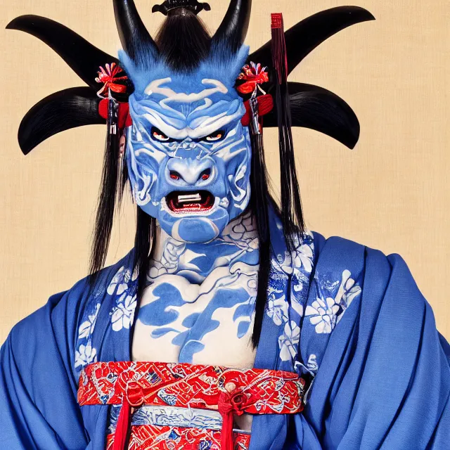 Image similar to a standing portrait of a male blue oni demon 鬼 👹 horns horns horns blue skin dressed as samurai 羽 織 haori kimono official portrait highly detailed, 4 k, hdr, smooth, sharp focus, high resolution, award - winning, illustrated by anne stokes, from sengoku period