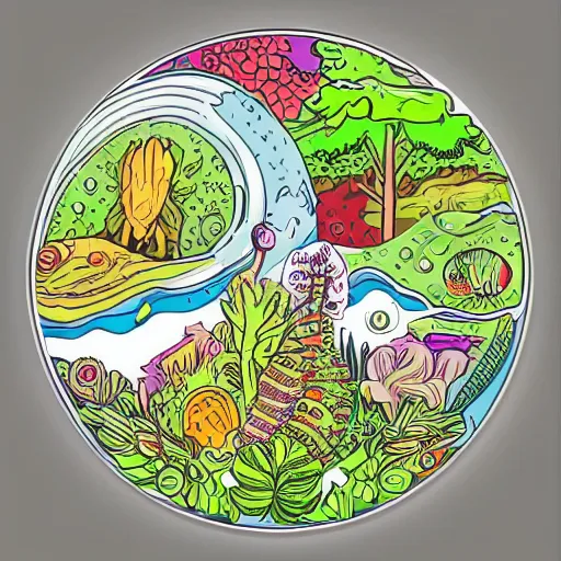 Image similar to Ecosystem in a bottle, sticker, highly detailed, colorful, illustration, drama, smooth and clean vector curves, no jagged lines, vector art, smooth