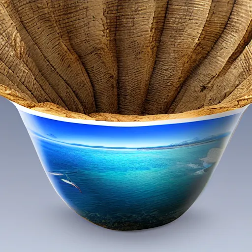 Image similar to a beach and ocean and sky in a ceramic bowl, hyper realistic, highly detailed, photorealism, microcosm, diorama