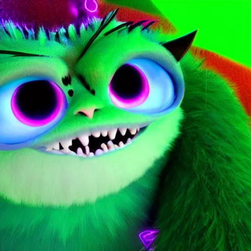 Image similar to cute fluffy demon from pixar, pink, huge green piercing eyes, electricity around,