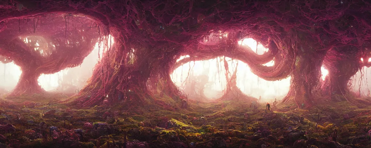 Prompt: ” whimsical world massive transparent twisted roots, [ by paul lehr, cinematic, detailed, epic, widescreen, opening, establishing, mattepainting, photorealistic, realistic textures, octane render ] ”