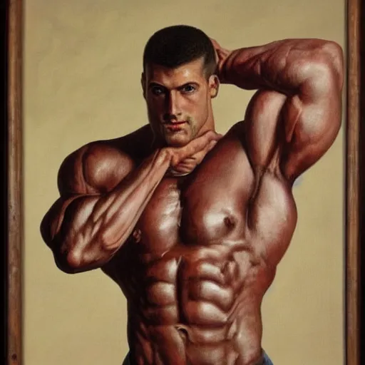 Image similar to a painting of a muscular man posed for a photoshoot, anatomy,