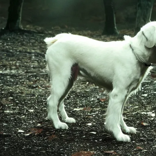 Image similar to movie still of robot white swiss shepperd dog cyborg, cinematic composition, cinematic light, criterion collection, by edgar wright