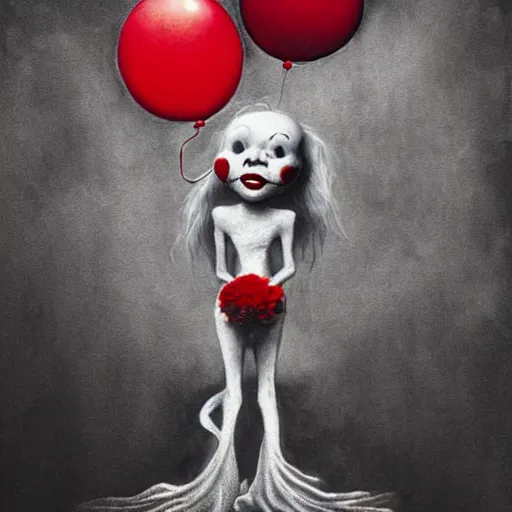 Image similar to grunge painting of elmo with a wide smile and a red balloon by Zdzisław Beksiński, loony toons style, pennywise style, corpse bride style, creepy lighting, horror theme, detailed, elegant, intricate, conceptual, volumetric light