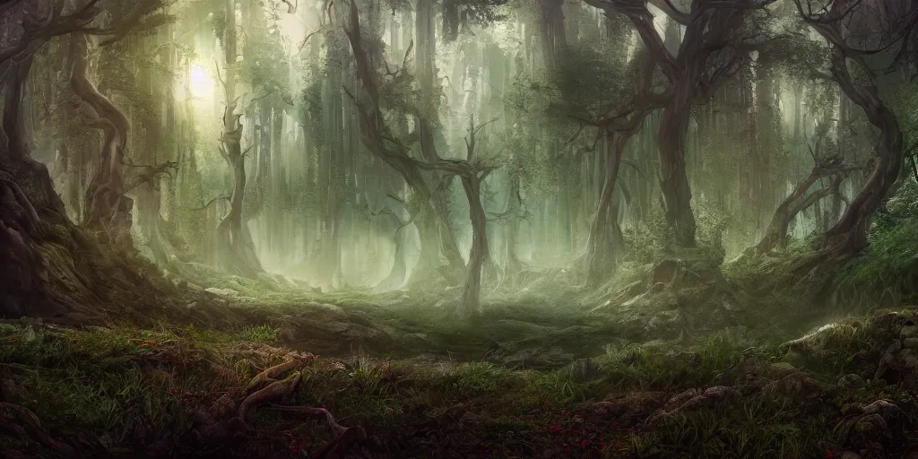 Image similar to beautiful matte painting of a fantasy forest