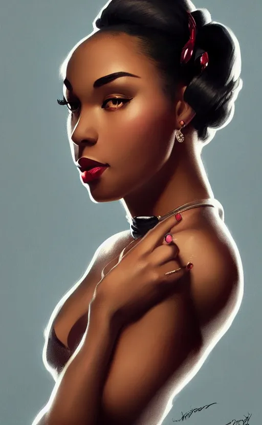 Image similar to a portrait of an attractive young Black female, clothed like a 1940s femme fatale, intricate, elegant, highly detailed, digital painting, film noir lighting, trending on artstation, concept art, smooth, sharp focus, illustration, art by artgerm and greg rutkowski and alphonse mucha