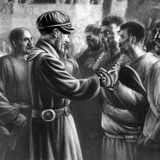 Prompt: hitler handshakes jesus hd, realistic, by da vinci