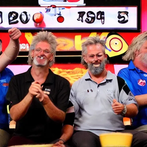 Prompt: a kangaroo, a wombat and a koala all playing darts together, while watched approvingly by Simon The Wizard Whitlock