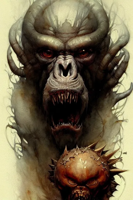 Prompt: ape demon | esoteric symbolism | jean - baptiste monge, esao andrews, bastien lecouffe - deharme, tim jacobus, ken currie | ultra - detailed realism, soft cinematic lighting, hi - fructose, artstation, high - quality, ink watercolors wes anderson poster art