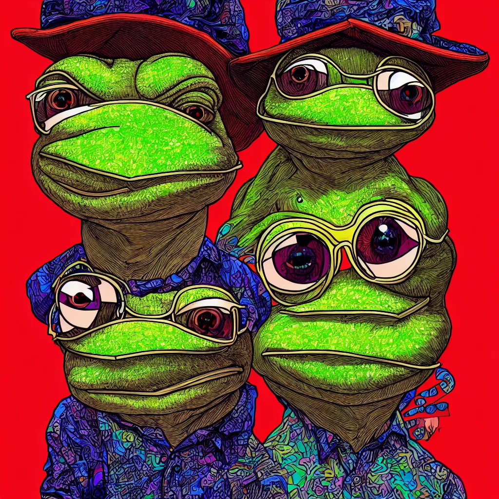 Prompt: Satoshi Nakamoto protrait next to Pepe the frog, digital painting, psychedelic, beautiful color theme, high detail, trending on artstation