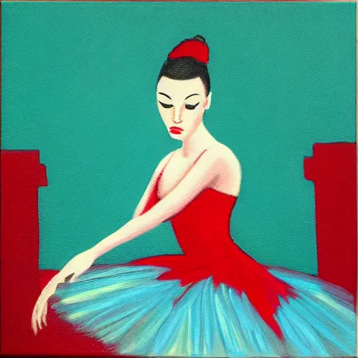 Image similar to square painting of a ballerina drinking wine in a teal room all on a red background