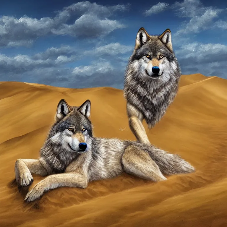 Image similar to Majestic wolf in a sand dune on the heath. Rough brushstrokes. Beautiful detailed scene. Interesting natural colour scheme. Beautiful digital painting by Lurid (2022)