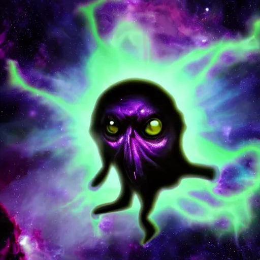 Image similar to An evil and terrifying creature in space in front of a purple nebula