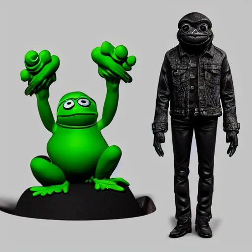 Image similar to perfectly accurate miniature figure of pepe the frog wearing jeans and a black leather jacket, soft textures, skin texture, clothing, 3d sculpture, textured, fine detail, lifelike, photo, high resolution, octane render, post processing, after effects, trending on artstation