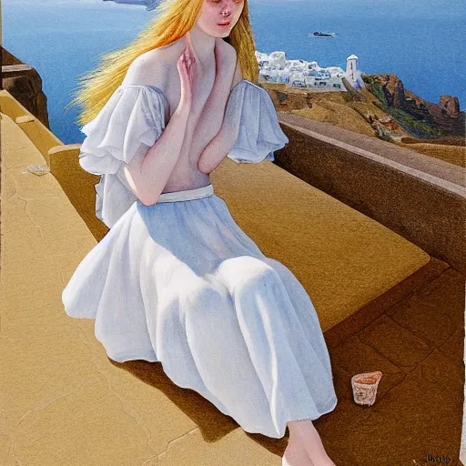 Prompt: Elle Fanning waking through Santorini, ocean, head and shoulders, extremely detailed masterpiece, illustration, by Michael Sowa,