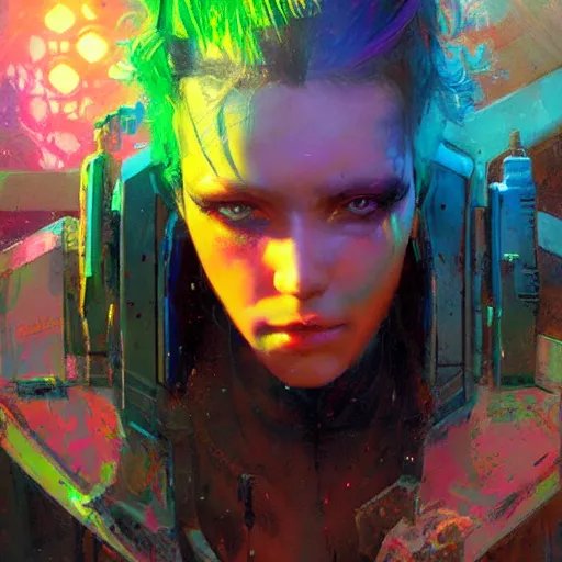 Prompt: a cybergoth, dystopian mood, vibrant colors, neon, sci-fi character portrait by gaston bussiere, craig mullins