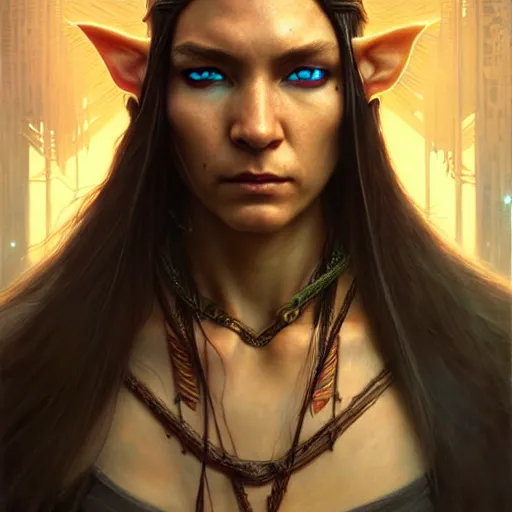 Prompt: portrait painting of a cyberpunk native american elf elven street samurai, ultra realistic, concept art, intricate details, eerie, highly detailed, photorealistic, octane render, 8 k, unreal engine. art by artgerm and greg rutkowski and charlie bowater and magali villeneuve and alphonse mucha