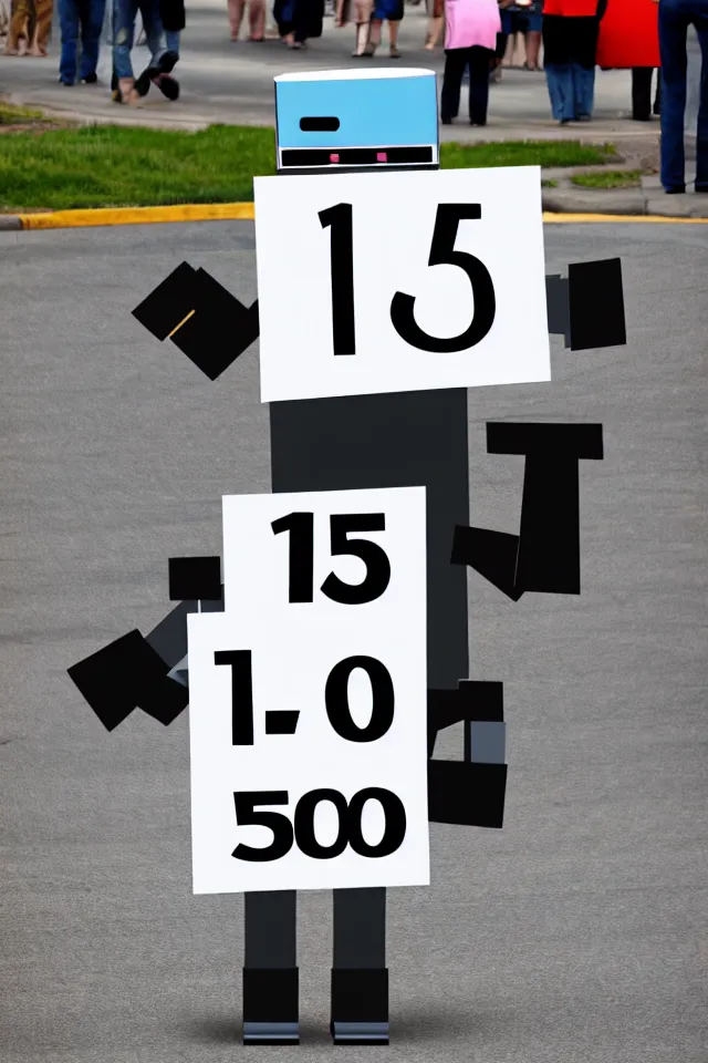 Prompt: cute anthropomorphic robot holding sign saying'1 5 0'