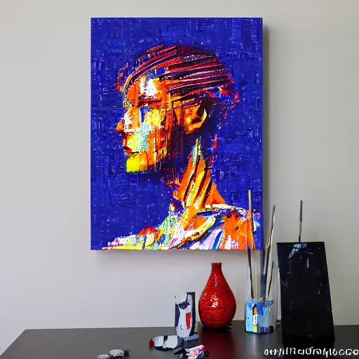 Image similar to a graph - style gouache impasto huge robot head in front of her, cyberpunk art by