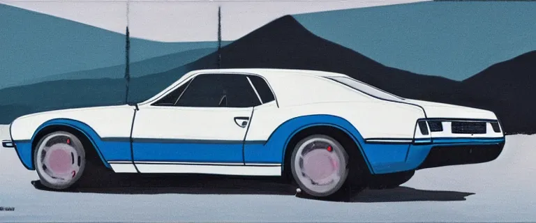 Prompt: striped denim blue audi camaro b 1 ( 1 9 6 7 ), establishing shot, by simon stalenhag