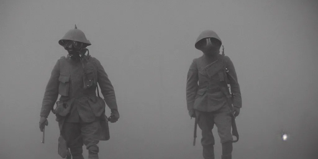 Image similar to wwi soldier wearing a gas mask walking through smoke, centerscreen, 8 5 mm lens, no man's land, muddy, cinematic, atmospheric, shot on arri alexa