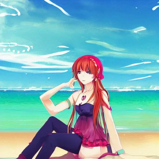 Image similar to monika of doki doki literature club relaxing at the beach | gelbooru image database | sankakucomplex image database | shuushuu image database | safebooru digital art image | trending on instagram | behance colored background stunning | konachan 1 0 8 0 p wallpaper